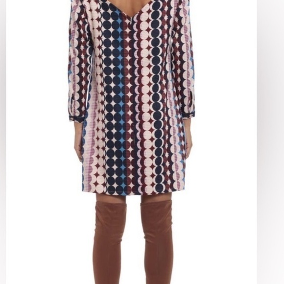 DONNA Morgan Long Sleeve Blue, Brown & Cream Circle Print Mini Dress Size 8 NWT - Picture 2 of 14